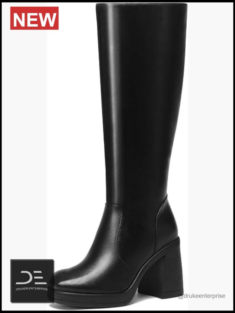 Knee High Platform Boots Chunky Heeled Square Toe Side Zipper Faux Leather